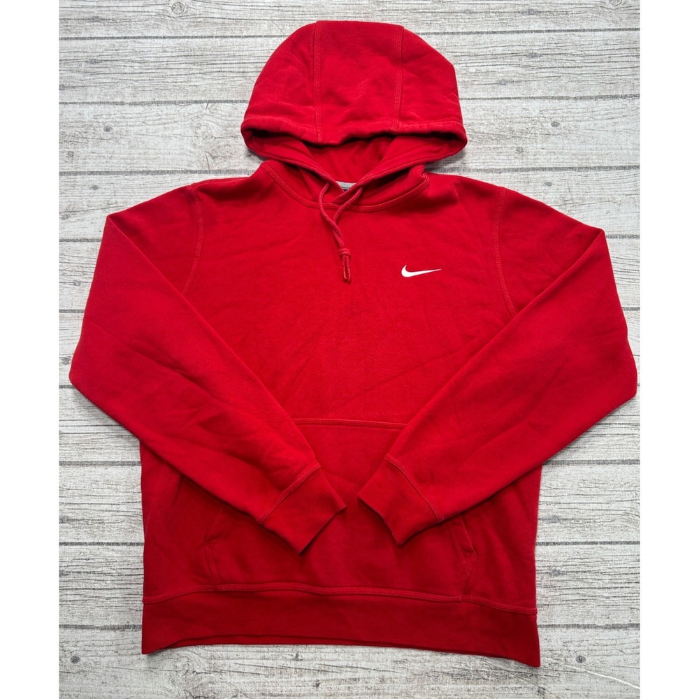 Nike Hoodie Men's Medium Red Swoosh Relaxed Fit Fleece Lined Athletic Sportswear
